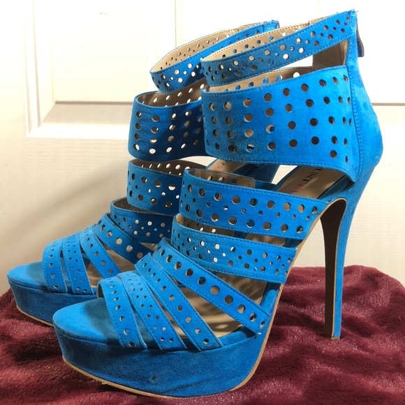 JustFab Traylene Bright Tropical Blue Cut Out Strap Stiletto Sandal - Picture 4 of 9